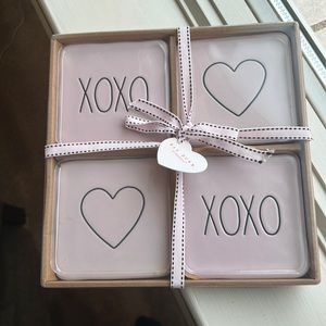 RAE DUNN BY MAGENTA PINK VALENTINES CERAMIC COASTERS-SET OF 4-ORIGINAL BOX